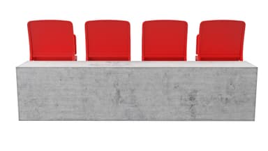 A rendering of a set of four modern, red, wall-mounted stadium chairs, each designed with a foldable seat mechanism. The chairs are individually numbered '001' through '004' on their upper backrests and are attached to a textured concrete wall or riser. Each chair features a bright red plastic backrest and a contoured, foldable plastic seat, supported by a robust metal frame, suggesting durability for public use. — 3D model