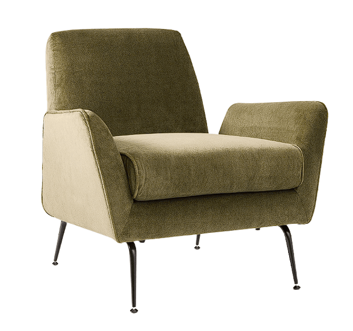 A modern upholstered armchair featuring an olive green, textured fabric upholstery, likely velvet or chenille. It has a rounded back and arms, with a separate, generously padded seat cushion. The chair is supported by four slender, splayed black metal legs, characteristic of contemporary design. — 3D model