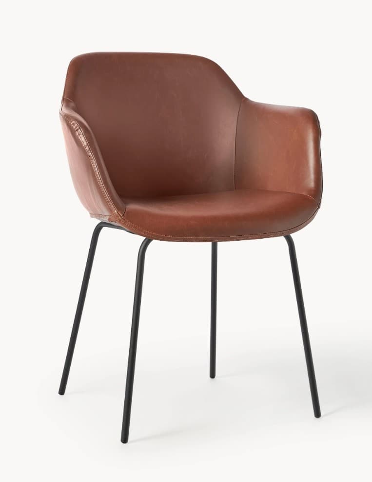 A contemporary dining or accent chair featuring a scooped, upholstered seat and back with integrated arms in brown leather, supported by slender black metal legs. — 3D model