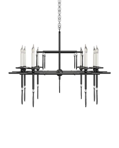 A linear candle-style chandelier suspended by two chains, featuring a black metal frame adorned with mercury glass discs. It has multiple candelabra-style light sources. — 3D model