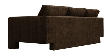 A contemporary three-seater sofa upholstered in a dark brown, textured fabric. It features straight, wide track arms, three individual seat cushions, and three matching back cushions. The base of the sofa appears recessed, giving it a slightly floating or streamlined aesthetic. — 3D model