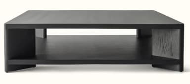 A rectangular, dark-colored coffee table featuring a two-tier design with an open storage shelf. The table has a modern, minimalist aesthetic with clean lines and integrated side supports that subtly flare at the base, functioning as feet. — 3D model