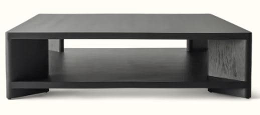 A rectangular, dark-colored coffee table featuring a two-tier design with an open storage shelf. The table has a modern, minimalist aesthetic with clean lines and integrated side supports that subtly flare at the base, functioning as feet. — 3D model