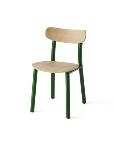 A contemporary dining chair featuring a vibrant green tubular metal frame and naturally finished molded plywood seat and backrest. The design is minimalist and functional. — 3D model