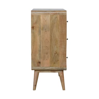 A wooden chest of drawers with a distinctive segmented front panel and four tapered legs. The wood exhibits natural grain patterns and color variations, with some horizontal bands of lighter and darker shades, including a notable pinkish-orange band. The piece has rounded vertical edges. — 3D model
