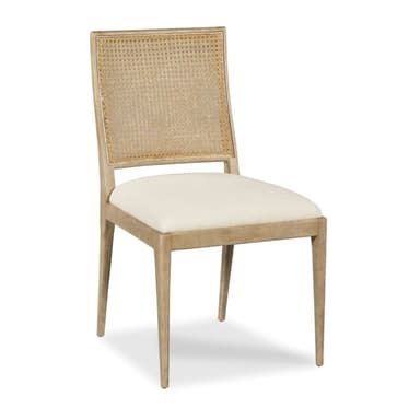 A light-toned wooden dining chair featuring a rectangular backrest with cane webbing and an upholstered seat cushion. — 3D model