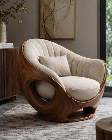 A modern lounge chair featuring a sculptural, curved dark wood frame with an open, flowing design. It has an upholstered seat, backrest, and a small lumbar pillow, all in a light beige or off-white fabric with vertical channel tufting on the backrest. — 3D model
