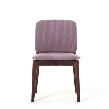 A front-facing view of a contemporary armless dining chair. It features a dark wood frame with four straight, slightly tapered legs. The seat and the rectangular backrest, which has gently rounded upper corners, are both upholstered in a subtly textured, purplish-pink fabric with fine horizontal stripes. — 3D model