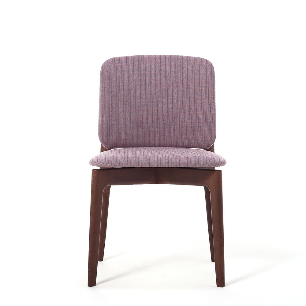 A front-facing view of a contemporary armless dining chair. It features a dark wood frame with four straight, slightly tapered legs. The seat and the rectangular backrest, which has gently rounded upper corners, are both upholstered in a subtly textured, purplish-pink fabric with fine horizontal stripes. — 3D model