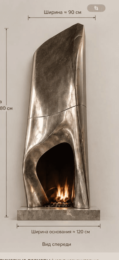 A modern freestanding fireplace crafted from dark, veined marble, featuring a sculptural, organic form. The design includes a curved main body rising from a rectangular base, with an integrated, asymmetrical firebox opening. The marble surface displays subtle veining and a polished finish, enhancing its contemporary aesthetic. — 3D model