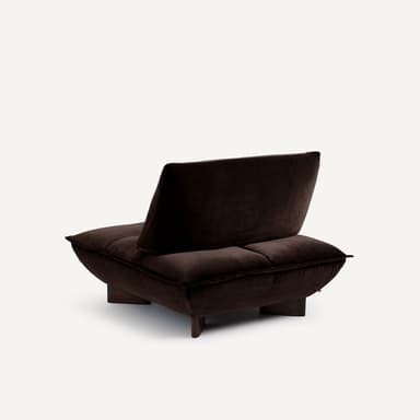 A low-profile, tufted sofa with a deep seat and a single, adjustable backrest. The sofa features a rounded front edge and is supported by dark, rectangular wooden legs. The upholstery appears to be a plush velvet fabric. — 3D model