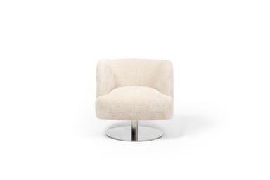 A swivel armchair with a rounded, upholstered shell and a polished metal circular base. The upholstery has a textured, boucle-like appearance. The chair is viewed from the side. — 3D model
