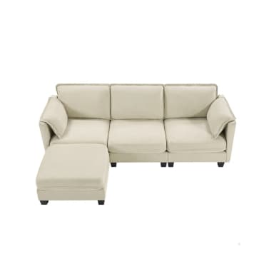 A modern sectional sofa upholstered in light beige fabric, featuring a left-hand facing chaise. The sofa has three individual seat cushions and three back cushions with welt cord trim, and includes a small accent pillow on the left armrest. It is supported by dark, low-profile, tapered block feet. — 3D model