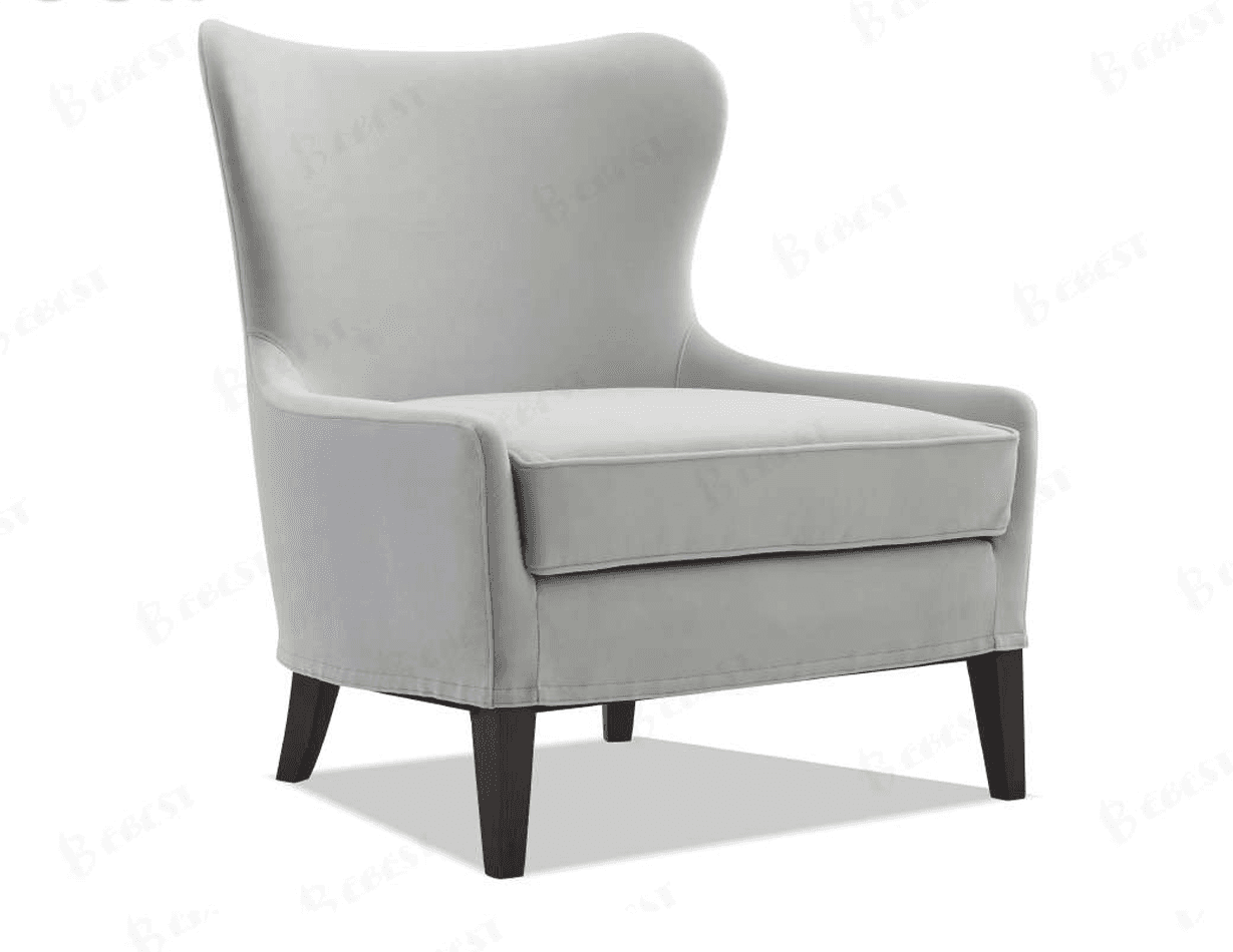 A light grey upholstered wingback armchair with a high back, subtly flared wings, and dark wood tapered legs, featuring a single seat cushion. — 3D model