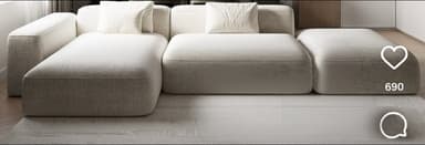 A light beige, contemporary modular sectional sofa. The configuration includes a chaise lounge section, an armless seating module, a corner module with backrests, and two separate ottoman-style modules. All pieces are upholstered in a light-colored, textured fabric, featuring soft, rounded edges and a low-profile design, suggesting a modern and minimalist aesthetic. — 3D model