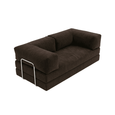 A dark brown corduroy loveseat featuring a blocky, modular design with plush, ribbed upholstery and one armrest accented by an external chrome-plated metal frame. — 3D model
