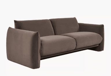 A modern, two-seater sofa with plush upholstery and rounded armrests. The sofa features a low profile and a contemporary design, with seat and back cushions that appear to be integrated rather than separate components. The frame is not fully visible, but the base seems to be dark and low to the ground. — 3D model