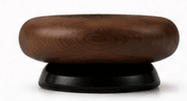 A round coffee table featuring a warm, dark wood-grain exterior and a central white and grey marble or stone inlay, set upon a recessed black circular base. The table has a low profile, measuring 320mm in height. — 3D model