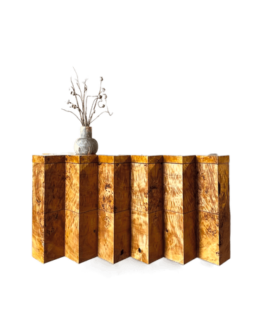 A tiered sideboard with a stepped design, resembling a staircase. It features multiple rectangular sections arranged in ascending height from left to right. The exterior is finished with a wood veneer exhibiting a prominent burl pattern. — 3D model