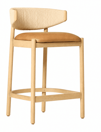 A contemporary counter-height bar stool featuring a light natural wood frame, a tan leather upholstered seat, and a curved backrest with a woven natural fiber infill. It includes a circular footrest for support. — 3D model