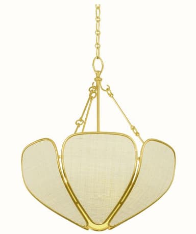 A contemporary chandelier featuring a gold-finished metal frame supporting multiple petal-shaped panels, each filled with a light-colored, textured fabric. The fixture is suspended by a decorative chain from a circular ceiling canopy. — 3D model