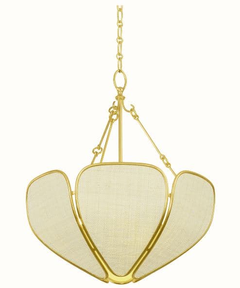 A contemporary chandelier featuring a gold-finished metal frame supporting multiple petal-shaped panels, each filled with a light-colored, textured fabric. The fixture is suspended by a decorative chain from a circular ceiling canopy. — 3D model