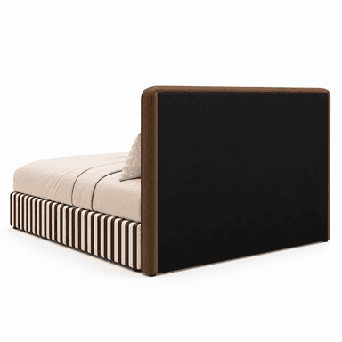 A contemporary upholstered platform bed featuring a two-tone headboard and a distinctive striped bed base. The headboard's exterior is a warm brown, with the front and rear panels in a contrasting dark brown or black. The bed base is adorned with vertical cream and brown stripes, providing a bold visual element. The bed includes a mattress and pillow, both in a light beige or cream color, complementing the base. — 3D model