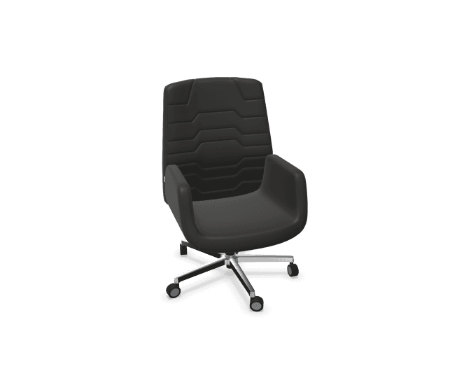 A contemporary black office chair featuring a high backrest, integrated armrests, and a polished metal five-star swivel base with casters. The backrest is characterized by horizontal quilted or padded segments. — 3D model