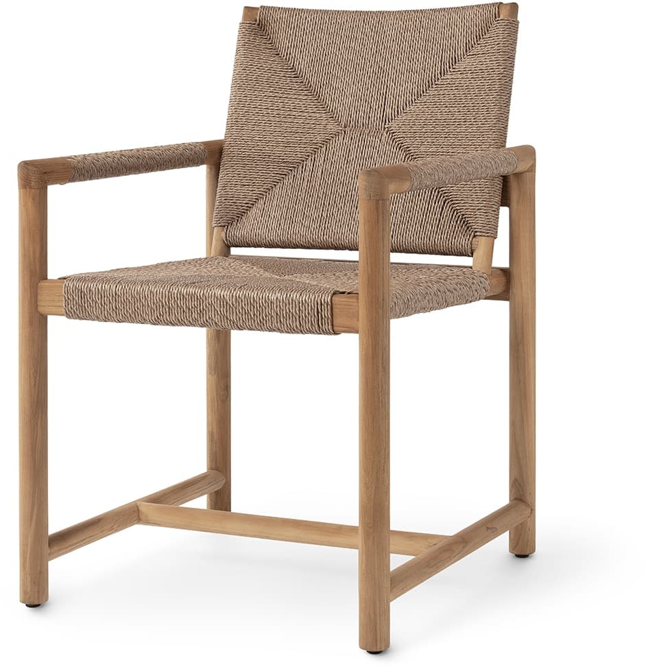An upright armchair featuring a light-toned solid wood frame and intricate woven rope for both the seat and backrest. The design is clean and contemporary with integrated armrests. — 3D model