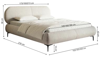 A modern upholstered bed frame with a rounded headboard and a low-profile base. The bed is covered in a textured, cinnamon-colored fabric. Two white pillows are placed on the mattress, which is covered with white bedding. — 3D model