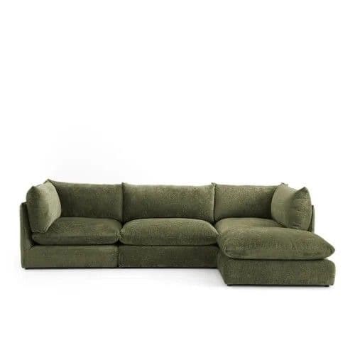 An olive green modular sectional sofa featuring an L-shaped configuration with a prominent chaise lounge extension. The sofa is composed of deep-seated, plush upholstered sections, providing a soft and inviting appearance. It is covered in a textured fabric. — 3D model