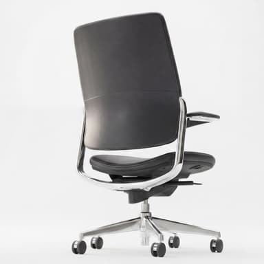 A modern, ergonomic office chair with a black leather seat and backrest. It features polished metal armrests and a five-star base with casters for mobility. The chair has an adjustable height mechanism. — 3D model