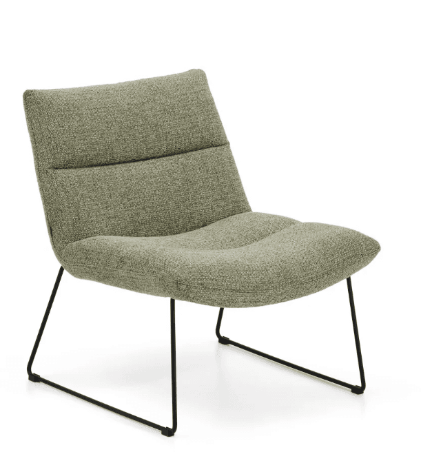 A modern lounge chair with a low profile and slender metal legs. The chair features a gently contoured seat and backrest upholstered in a textured, light green fabric. The backrest has a subtle horizontal tufting or seam detail. The base consists of thin, black, angular metal legs that provide a minimalist support structure. — 3D model