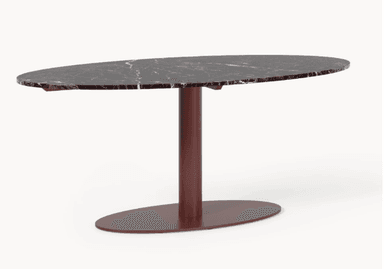 An oval-shaped side table featuring a dark, veined marble top supported by a single cylindrical pedestal base and a matching oval base plate, all in a reddish-brown hue. — 3D model