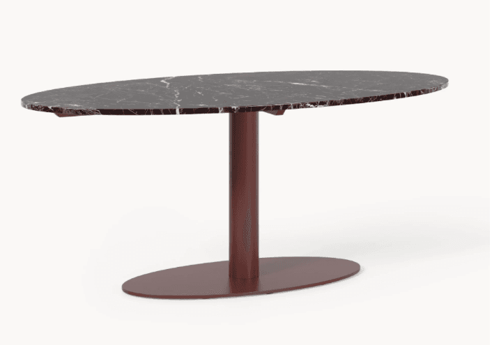 An oval-shaped side table featuring a dark, veined marble top supported by a single cylindrical pedestal base and a matching oval base plate, all in a reddish-brown hue. — 3D model