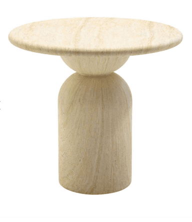 A minimalist side table crafted entirely from light beige travertine, featuring a round top supported by a sculptural, multi-sectioned pedestal base. — 3D model