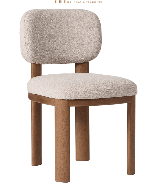 An armless chair featuring a contemporary design with a light beige, textured bouclé upholstery on its seat and backrest. The frame and four stout, rounded legs are constructed from medium-toned wood. The backrest is gently rounded, offering a soft aesthetic. — 3D model