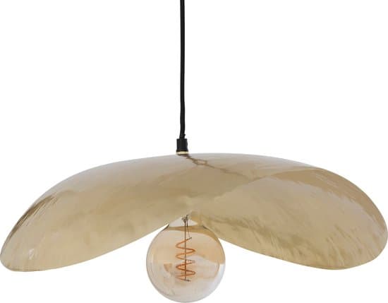 An organic-shaped pendant light featuring a large, irregularly undulated shade with a polished brass-tone finish. A single, clear globe-style LED filament bulb hangs exposed below the center of the shade, suspended by a black fabric-wrapped electrical cord. — 3D model