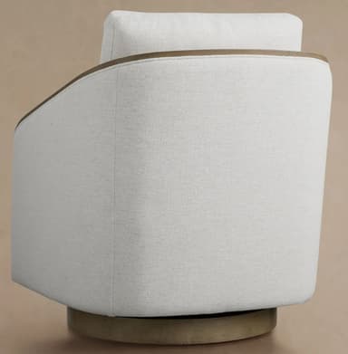 A contemporary swivel armchair featuring light off-white textured upholstery and an exposed, curved light-toned wood frame that outlines the armrests and back. The chair rests on a circular, low-profile swivel base matching the wood frame. — 3D model
