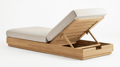 An adjustable chaise lounge featuring a solid wooden frame with a natural finish and thick, segmented cushions upholstered in a light beige, textured fabric. The backrest is adjustable via a visible mechanism. The design is contemporary and minimalist, suggesting outdoor use. — 3D model