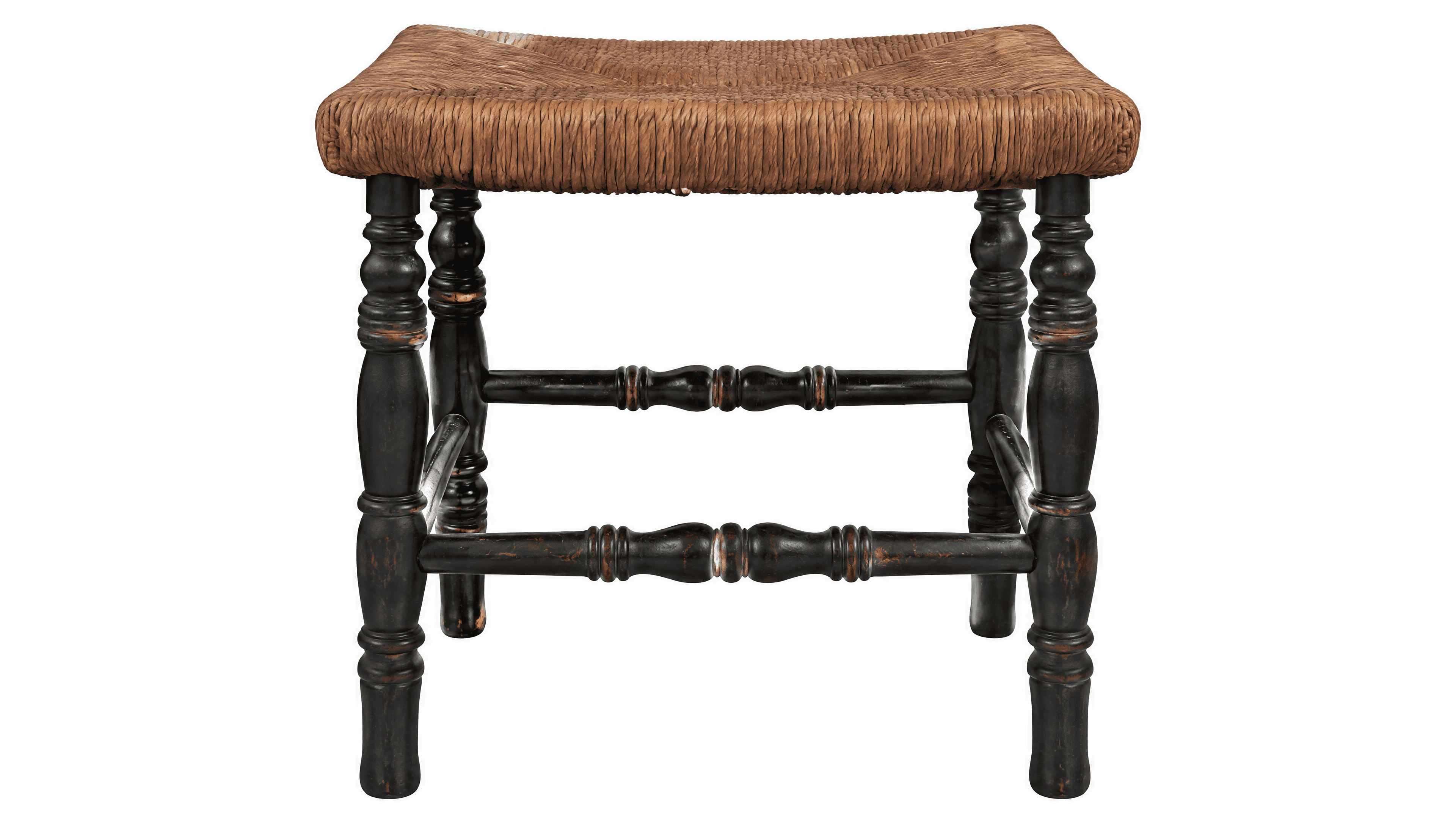 A rustic wooden stool featuring a square woven rush seat and four turned legs connected by turned H-stretchers, finished in a dark, distressed paint. — 3D model
