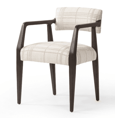 A contemporary upholstered armchair featuring a dark wooden frame and a light plaid fabric. The chair has a separate upholstered backrest and seat, with integrated wooden armrests that flow into the rear legs. The legs are slender and tapered. — 3D model