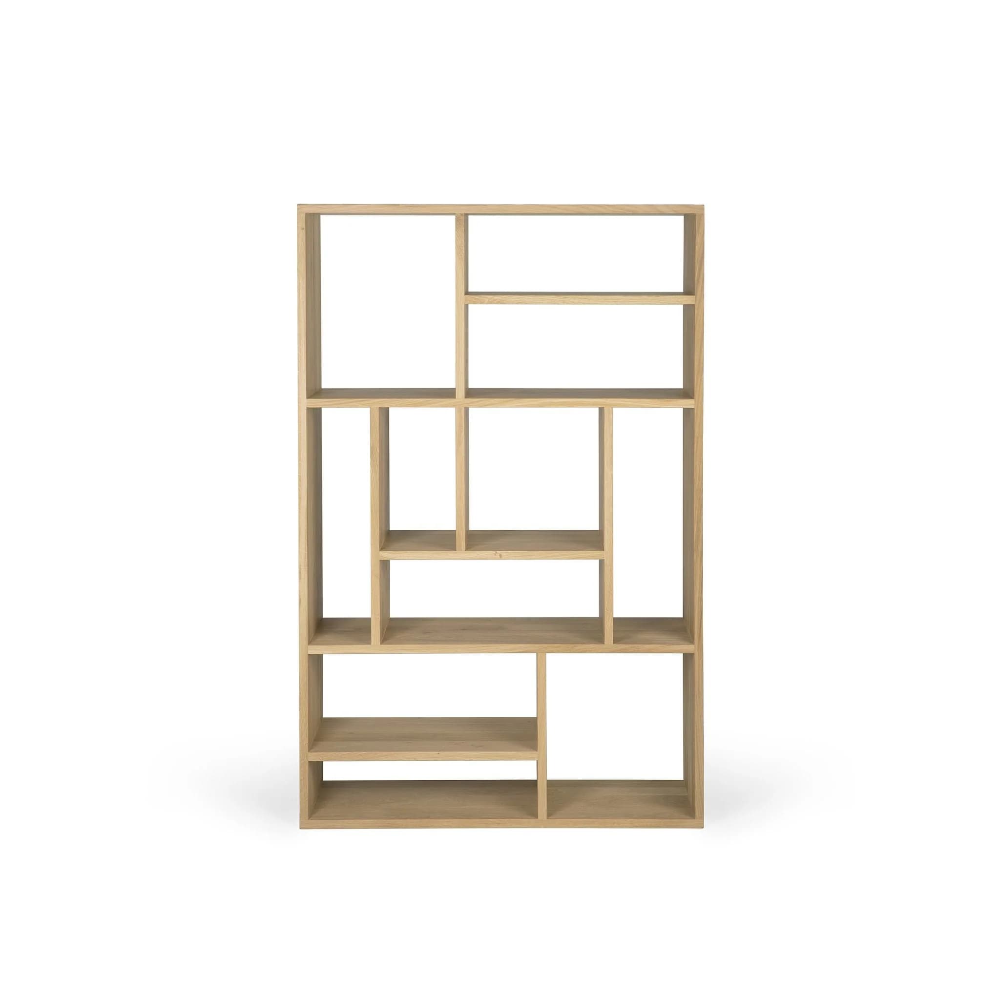 A tall, rectangular bookshelf with an asymmetrical design, featuring multiple open compartments of varying sizes. The structure is made of wood with a natural finish, and it stands upright on a flat base. The design lacks doors or drawers, presenting an open display format. — 3D model