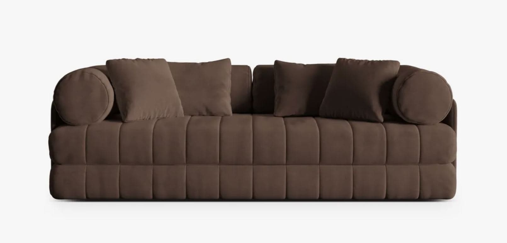 A generously proportioned sofa with a plush, upholstered frame. The seat and back are segmented into a grid pattern of stitched squares. It features two large throw pillows and two cylindrical bolster pillows at either end, providing additional comfort and support. The sofa has a modern, low-profile design with rounded armrests. — 3D model