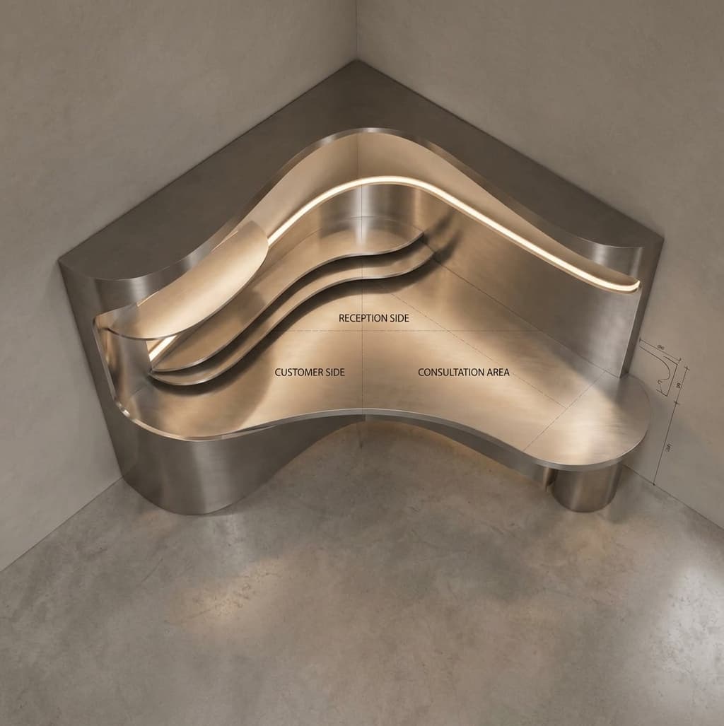 A high-angle view of a modern, custom-designed reception desk fitting snugly into a corner. The desk features a curvilinear, wavy design constructed from brushed metallic material, likely stainless steel or aluminum. Integrated LED lighting strips are embedded along the upper edges of the wavy panels, casting a soft glow. The desk provides distinct areas labeled 'Reception Side', 'Customer Side', and 'Consultation Area', indicating its functional layout. Its sleek, futuristic aesthetic is enhanced by the smooth lines and metallic finish. — 3D model