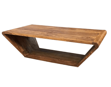 A modern, angular coffee table constructed from solid wood. The table features a rectangular top and an open, geometrically shaped base that curves inward at the ends. The wood grain is prominent, showcasing natural variations in color and texture. The design is minimalist and contemporary. — 3D model