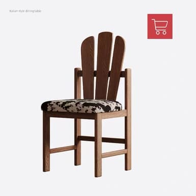 A wooden accent chair with a distinctly carved backrest and a seat upholstered in a black and white cowhide-patterned fabric. The chair has a sturdy wooden frame composed of four legs connected by horizontal supports, and a seat frame supporting the upholstered cushion. The backrest is formed by three vertically oriented, curved wooden slats. — 3D model