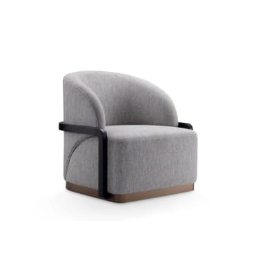 A contemporary armchair with a rounded back and upholstered seat and backrest. The armchair features black metal frame elements extending from the sides and a low wooden base. — 3D model