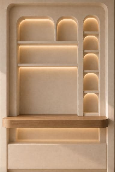 A contemporary wall-mounted unit featuring an integrated desk surface, multiple open shelves, and subtle recessed lighting. The unit is primarily finished in a light cream or beige color, complemented by a natural light wood desktop. Some of the shelving compartments feature arched tops, adding a design accent. A lower, enclosed storage section is situated beneath the desk. — 3D model