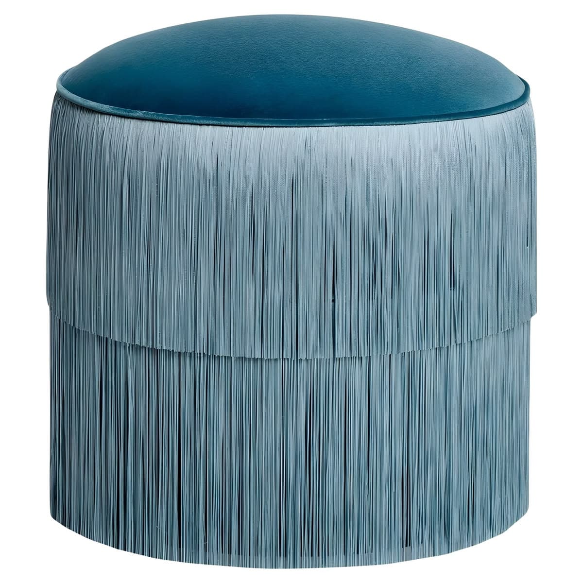 A cylindrical ottoman featuring a domed, upholstered velvet top in teal, with its body entirely covered in two distinct tiers of dense textile fringe in a slightly lighter teal hue. The fringe extends to the floor, creating a soft, textural, and visually dynamic piece. — 3D model